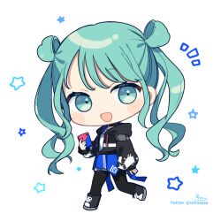 Rule 34 | 1girl, black footwear, black jacket, black pantyhose, blue skirt, cellphone, drawstring, green hair, hair rings, hatsune miku, highres, holding, holding phone, hood, hood down, hooded jacket, jacket, long sleeves, notice lines, pantyhose, phone, pleated skirt, project sekai, puffy long sleeves, puffy sleeves, shoes, signature, simple background, skirt, sleeves past wrists, sofra, solo, standing, standing on one leg, star (symbol), twintails, twitter username, vivid bad squad miku, vocaloid, white background