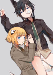Rule 34 | 2girls, animal ears, black hair, blonde hair, blue eyes, blunt bangs, blush, blowing bubbles, chewing gum, chirihara, dog ears, dominica s. gentile, head wings, highres, jacket, jane t. godfrey, military, military uniform, multiple girls, necktie, open mouth, panties, short hair, simple background, strike witches: kurenai no majo-tachi, sweatdrop, tail, underwear, uniform, white panties, wings, world witches series