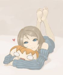 Rule 34 | 10s, 1girl, barefoot, bed, blonde hair, blue eyes, cushion, feet, looking at viewer, love live!, love live! sunshine!!, lying, on stomach, pov, short hair, smile, soles, toes, watanabe you
