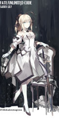 Rule 34 | 1girl, ahoge, aqua eyes, armor, artist name, artoria pendragon (all), artoria pendragon (fate), bare shoulders, black footwear, blonde hair, boots, bow, caliburn (fate), capcom, chair, character name, copyright name, curtains, detached collar, detached sleeves, dress, fate/unlimited codes, fate (series), gauntlets, gloves, greaves, hair bow, high heels, long hair, looking at viewer, pantyhose, ponytail, saber (fate), saber lily, shoes, solo, standing, standing on one leg, starshadowmagician, white dress, white gloves, white pantyhose
