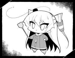 Rule 34 | 1girl, :&lt;, amatsukaze (kancolle), ataru (ataru-littlebird), bug, chibi, choker, closed mouth, dress, fly, flyswatter, full body, greyscale, hair tubes, hat, holding, insect, kantai collection, lifebuoy ornament, mini hat, monochrome, neckerchief, sailor collar, sailor dress, smokestack hair ornament, solo, standing, thighhighs, two side up