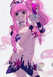 Rule 34 | 1girl, black eyes, blunt bangs, brown nails, commentary, dress, from above, ghost, highres, holding, holding syringe, looking at viewer, mo (mtmon11356), one piece, perona, pink hair, solo, syringe, thighhighs, turtleneck, turtleneck dress, twintails