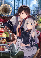 Rule 34 | 1boy, 1girl, bare shoulders, bird, black dress, black jacket, blue eyes, blue sky, blunt bangs, book, book stack, bow, brown eyes, brown hair, brown thighhighs, closed mouth, collared shirt, cookie, couch, cream puff, day, demon horns, detached collar, dress, eleanor (ikeuchi tanuma), flower, food, garter straps, grate, grey hair, grey vest, hair flower, hair ornament, highres, horns, ikeuchi tanuma, indoors, jacket, lamp, layered skirt, lolita fashion, long hair, looking at viewer, necktie, neckwear grab, off-shoulder jacket, off shoulder, on couch, original, parted lips, pastry, phonograph, red neckwear, shirt, skirt, sky, smile, table, teapot, thighhighs, tray, vest, white bow, white flower, white shirt, white skirt, window, wing collar