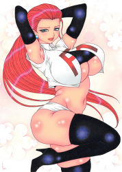 Rule 34 | 1girl, adapted costume, armpits, arms behind head, black gloves, black thighhighs, blue eyes, boots, breasts, cowboy shot, creatures (company), earrings, elbow gloves, floral background, forehead, game freak, gloves, hair slicked back, high heel boots, high heels, highres, huge breasts, jessie (pokemon), jewelry, kyo, kyo (osaka), lips, long hair, looking at viewer, midriff, miniskirt, navel, nintendo, parted lips, pokemon, pokemon (anime), red hair, shiny skin, short sleeves, skirt, solo, thigh boots, thighhighs, underboob, vest