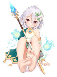 Rule 34 | 1girl, antenna hair, bare legs, barefoot, commentary, dated commentary, dress, elf, feet, flower, foot focus, green dress, green sleeves, grey hair, hair between eyes, hair flower, hair ornament, highres, holding, holding staff, kokkoro (princess connect!), long sleeves, looking at viewer, pink eyes, pointy ears, princess connect!, puffy long sleeves, puffy sleeves, see-through, see-through sleeves, shenhai (2556146833), short hair, soles, staff, toes, two-tone kimono, white flower