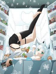 Rule 34 | 1girl, animal ear fluff, animal ears, arm up, barefoot, black shorts, bottle, braid, breasts, carrot, closed mouth, commentary request, crossed bangs, crossed legs, detached sleeves, feet, fox ears, fox girl, fox tail, from side, full body, garlic, green eyes, grey hair, highres, holding, hololive, legs, legs up, long hair, long legs, looking at viewer, looking to the side, lying, medium breasts, milk carton, no shoes, on back, refrigerator, shadow, shirakami fubuki, shirakami fubuki (1st costume), shirt, short shorts, shorts, side braid, single thighhigh, sleeveless, sleeveless shirt, solo, tail, tauyoshi728, thigh strap, thighhighs, toes, virtual youtuber, water bottle, white shirt, wolf girl
