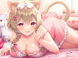Rule 34 | 1girl, animal ears, blush, bow, braid, breasts, brown hair, cat ears, cat tail, cleavage, cocoshiro yuara, collarbone, commentary request, fang, hair bow, hair ornament, hair ribbon, highres, indie virtual youtuber, itsuki jun, large breasts, long hair, looking at viewer, lying, on stomach, open mouth, pillow, pink ribbon, red eyes, ribbon, skin fang, smile, stuffed animal, stuffed cat, stuffed toy, tail, twin braids, twitter username, virtual youtuber, white bow, x hair ornament