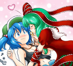 Rule 34 | 2girls, bare shoulders, blue eyes, blue hair, blush, bow, breasts, cleavage, closed eyes, collarbone, crop top, dress, embarrassed, front ponytail, green hair, hair bobbles, hair bow, hair ornament, hair ribbon, hat, heart, jewelry, kagiyama hina, kawashiro nitori, key, key necklace, kiss, long hair, lying, medium breasts, midriff, multiple girls, navel, necklace, nitamago, nose blush, on back, pants, puffy short sleeves, puffy sleeves, red dress, ribbon, screw, short hair, short sleeves, simple background, tank top, touhou, twintails, two side up, wavy mouth, wrench, wrist ribbon, yuri