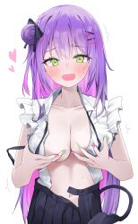 Rule 34 | 1girl, absurdres, alternate breast size, black skirt, blush, breasts, cleavage, collarbone, colored inner hair, commentary request, demon tail, fang, grabbing own breast, green eyes, hair bun, hair ornament, heart, highres, hololive, large breasts, long hair, looking at viewer, multicolored hair, multicolored nails, nel dcm, official alternate costume, open clothes, open mouth, open shirt, pleated skirt, purple hair, shirt, simple background, single side bun, skin fang, skirt, sleeveless, sleeveless shirt, sleeves rolled up, solo, sweat, tail, tokoyami towa, tokoyami towa (jirai kei), trembling, virtual youtuber, white background, white shirt, x hair ornament
