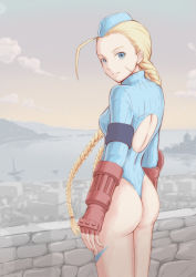 Rule 34 | 1girl, absurdres, ass, back cutout, blonde hair, blue eyes, braid, braided ponytail, cammy white, camouflage, capcom, cityscape, closed mouth, clothing cutout, facial scar, garrison cap, gloves, hat, highleg, highleg leotard, highres, leotard, long hair, long sleeves, looking at viewer, looking over shoulder, red gloves, scar, scar on cheek, scar on face, shadaloo dolls, smile, solo, street fighter, street fighter zero (series), street fighter zero 3, twin braids, tyanoki