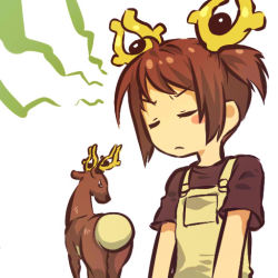 Rule 34 | 1990s (style), 1girl, antlers, blush stickers, brown hair, closed eyes, creatures (company), game freak, gen 2 pokemon, hitec, horns, looking back, moemon, nintendo, personification, pokemon, pokemon (creature), pokemon gsc, retro artstyle, short hair, short twintails, simple background, stantler, twintails, white background
