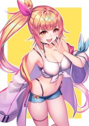 Rule 34 | 1girl, :d, ahoge, armpits, bare shoulders, blonde hair, blue shorts, breasts, cleavage, crop top, front-tie top, hair intakes, hair ornament, halterneck, heterochromia, highleg, highres, hoshikawa sara, hoshikawa sara (1st costume), hrtyuk, jacket, large breasts, long hair, long sleeves, looking at viewer, micro shorts, midriff, navel, nijisanji, off shoulder, open clothes, open jacket, open mouth, orange eyes, red eyes, shirt, shorts, side ponytail, sidelocks, skindentation, smile, solo, tank top, thigh strap, thighs, two-tone background, very long hair, virtual youtuber, white jacket, white shirt, wide sleeves, x hair ornament