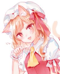 Rule 34 | 1girl, :d, absurdres, animal ear fluff, animal ears, ascot, bow, brown hair, cat ears, cat girl, cat tail, collared shirt, commentary request, fang, flandre scarlet, hair bow, hand up, hat, head tilt, highres, kemonomimi mode, long hair, looking at viewer, mob cap, moko (mokochisa), one side up, open mouth, paw pose, puffy short sleeves, puffy sleeves, red bow, red eyes, red vest, shirt, short sleeves, simple background, smile, solo, tail, tail raised, touhou, vest, white background, white hat, white shirt, wrist cuffs, yellow ascot