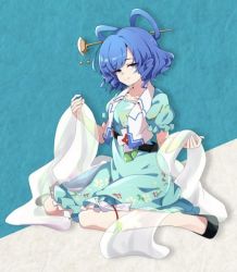 Rule 34 | 1girl, artist request, blue dress, blue eyes, blue hair, dress, flower, hagoromo, hair ornament, hair rings, hair stick, half-closed eyes, kaku seiga, looking at viewer, no socks, open clothes, open vest, puffy short sleeves, puffy sleeves, second-party source, shawl, short hair, short sleeves, smile, solo, touhou, vest, white vest
