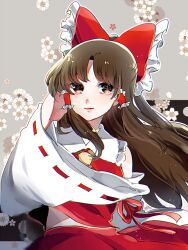Rule 34 | 1girl, ascot, bare shoulders, blush, bow, brown eyes, brown hair, chin, collar, collared vest, commentary request, detached sleeves, floral background, frilled bow, frilled collar, frilled hair tubes, frills, grey background, hair bow, hair down, hair tubes, hakurei reimu, hand on own head, highres, long hair, long sleeves, looking at viewer, midriff peek, open mouth, parted bangs, red bow, red ribbon, red skirt, red vest, ribbon, ribbon-trimmed sleeves, ribbon trim, shadow, sidelocks, skirt, sleeve ribbon, smile, suzune hapinesu, touhou, upper body, vest, white collar, white sleeves, wide sleeves, yellow ascot