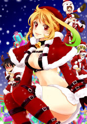 Rule 34 | 3boys, 3girls, alvin (tales), bag, bell, blue background, christmas, elize lutus, gift, honey (sango211), jude mathis, leia rolando, milla maxwell, multiple boys, multiple girls, official alternate costume, red nose, rowen j. ilbert, santa costume, snow, tales of (series), tales of xillia