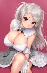 Rule 34 | 1girl, blush, breasts, cleavage, cleavage cutout, clothing cutout, collarbone, conte di cavour (kancolle), conte di cavour nuovo (kancolle), dress, gloves, grey dress, grey hair, highres, kantai collection, large breasts, long hair, looking at viewer, purple eyes, red background, shinozuka jouji, simple background, smile, solo, two-tone dress, white dress, white gloves