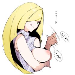 Rule 34 | 1girl, :q, bare arms, blonde hair, breast hold, breasts, breasts out, commentary request, creatures (company), cropped torso, game freak, green eyes, hair over one eye, handjob gesture, highres, jikatarou, long hair, looking at viewer, lusamine (pokemon), medium breasts, motion blur, nintendo, nipples, pokemon, pokemon sm, ribbed sweater, simple background, sleeveless, sleeveless sweater, solo, sweater, tongue, tongue out, turtleneck, turtleneck sweater, very long hair, white background, white sweater