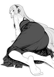 Rule 34 | 1girl, arm support, ass, blunt bangs, blush, corset, dress, feet, from behind, greyscale, highres, huge ass, long hair, long sleeves, looking at viewer, looking back, lying, momoko (shoutao), monochrome, on side, original, puffy sleeves, shoutao, solo, white background