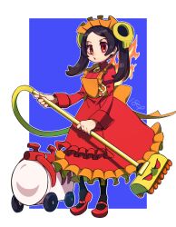 Rule 34 | 184nx, 1girl, alternate color, apron, ashley (warioware), ashley (warioware) (cosplay), black hair, bloody marie (skullgirls), blue background, border, brooch, cosplay, dress, fire, frilled apron, frilled dress, frills, full body, hair ornament, highres, holding, jewelry, juliet sleeves, long sleeves, looking at viewer, maid headdress, mary janes, nintendo, open mouth, pantyhose, puffy sleeves, red eyes, shoes, skull hair ornament, skullgirls, solo, standing, twintails, vacuum cleaner, warioware, white border