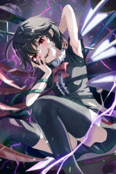 Rule 34 | 1girl, ahoge, arm behind head, armpits, asymmetrical wings, black dress, black hair, black thighhighs, blue wings, blush, bow, bowtie, center frills, commentary, dress, fangs, feet out of frame, frills, fujiwara aoi, hand on own face, head tilt, holding, holding weapon, houjuu nue, lightning, looking at viewer, nue day, red bow, red eyes, red wings, short dress, short hair, short sleeves, sitting, smile, snake, solo, teeth, thighhighs, touhou, twitter username, ufo, weapon, wings