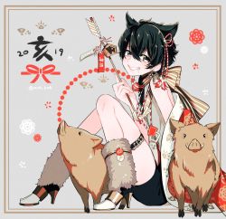 Rule 34 | 1boy, 2019, animal ears, black eyes, black hair, chinese zodiac, fang, full body, grin, high heels, japanese clothes, looking at viewer, male focus, mole, mole under mouth, morino bambi, new year, original, pig, smile, trap, twitter username, year of the pig