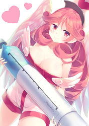 Rule 34 | 1girl, absurdres, alternate costume, angel, angel wings, breasts, cleavage, cowboy shot, duel monster, folded hair, heart, highres, holding, holding syringe, injection fairy lily, kanzakietc, large breasts, long hair, looking at viewer, nurse, oversized object, pink eyes, pink hair, shorts, signature, smile, strapless, syringe, wings, yu-gi-oh!