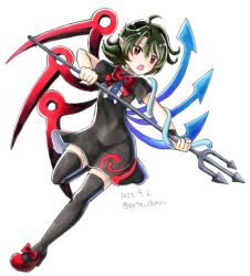 Rule 34 | 1girl, ahoge, black dress, black hair, black thighhighs, bow, commentary request, dress, full body, holding, holding trident, houjuu nue, neck ribbon, open mouth, pointy ears, polearm, proton, red bow, red eyes, red footwear, red ribbon, ribbon, short dress, short hair, short sleeves, simple background, solo, thighhighs, touhou, trident, weapon, white background