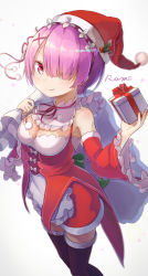 Rule 34 | &gt;:), 10s, 1girl, adapted costume, apron, bare shoulders, black thighhighs, blurry, blush, bow, box, breasts, carrying, character name, christmas, cleavage, closed mouth, commentary request, cursive, detached collar, detached sleeves, frilled apron, frilled sleeves, frills, from above, fur-trimmed legwear, fur trim, gift, gift box, green bow, hair ornament, hair over one eye, hair ribbon, hairband, hairclip, hat, highres, holding, looking at viewer, maid, medium breasts, miniskirt, neck ribbon, one eye covered, pachi (sugiyama0306), pink eyes, pink hair, pom pom (clothes), ram (re:zero), re:zero kara hajimeru isekai seikatsu, red eyes, red skirt, ribbon, sack, santa costume, santa hat, short hair, simple background, skirt, skirt set, smile, solo, sparkle, standing, thighhighs, underbust, v-shaped eyebrows, waist apron, white apron, white background, white bow, x hair ornament, zettai ryouiki
