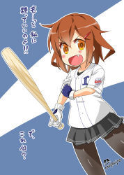 Rule 34 | &gt;:d, 10s, 1girl, :d, alternate costume, baseball glove, baseball uniform, brown eyes, brown hair, hair ornament, hairclip, highres, holding, ikazuchi (kancolle), imu sanjo, kantai collection, looking at viewer, open mouth, pantyhose, pleated skirt, short hair, skirt, smile, solo, sportswear, translation request, v-shaped eyebrows