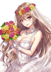 Rule 34 | 1girl, ahoge, bouquet, breasts, bridal veil, bride, brown hair, cleavage, commentary request, covered navel, dress, earrings, flower, hair between eyes, head wreath, highres, holding, holding bouquet, jewelry, large breasts, long hair, looking at viewer, necklace, original, petals, purple eyes, sakiyamama, simple background, solo, veil, wedding dress, white background
