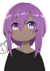 Rule 34 | 1girl, :&lt;, black shirt, blush, closed mouth, collarbone, dark-skinned female, dark skin, eyes visible through hair, fate/prototype, fate/prototype: fragments of blue and silver, fate (series), hair between eyes, hassan of serenity (fate), highres, i.u.y, purple eyes, purple hair, shirt, simple background, solo, thought bubble, translation request, upper body, white background