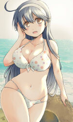 Rule 34 | 1girl, ahoge, beach, bikini, blue hair, blush, breasts, brown eyes, cleavage, dated, day, hair between eyes, hairband, hat, holding, holding clothes, holding hat, kantai collection, large breasts, long hair, looking at viewer, matsuura@parao, open mouth, outdoors, polka dot, polka dot bikini, signature, solo, swimsuit, unworn hat, unworn headwear, ushio (kancolle), very long hair, white hairband