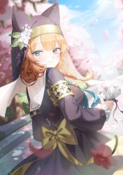 Rule 34 | 1girl, absurdres, armlet, blue archive, blue eyes, blue sky, blurry, bouquet, braid, cherry blossoms, closed mouth, commentary request, day, depth of field, didi (didi h3), flower, from behind, hair flower, hair ornament, halo, highres, holding, holding bouquet, looking at viewer, mari (blue archive), nun, orange hair, single braid, sky, smile, solo, veil, white flower, yellow halo