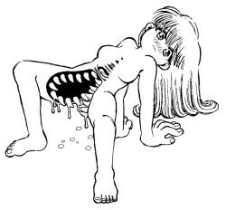 15ooo 1girl blush body_horror breasts crab_walk deformed drooling extra_mouth feet fingernails frown highres long_hair monster_girl no_nipples nude open_mouth original sharp_teeth solo teeth toenails toes