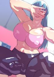 Rule 34 | 1futa, :d, @ @, blue hair, blush, breasts, bulge, cleavage, commentary request, covered erect nipples, covering face, futanari, kandata nijou, large breasts, long hair, looking at viewer, midriff, navel, open mouth, original, red eyes, selfie, smile, solo, sports bra, spread legs, squatting, thighs