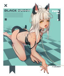 Rule 34 | 1girl, absurdres, all fours, animal ear fluff, animal ears, artist request, barefoot, black bra, black nails, black panties, blunt bangs, bra, cat ears, cat girl, cat tail, collar, crawling, highres, leash, long hair, nail polish, open mouth, original, panties, simple background, solo, squinting, tail, tongue, tongue out, underwear, white hair, yellow eyes