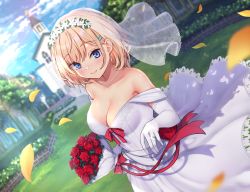 Rule 34 | 1girl, bare shoulders, blonde hair, blue eyes, blurry, blurry foreground, blush, bokeh, bouquet, breasts, brick, bridal veil, bride, character request, church, cleavage, closed mouth, cloud, collarbone, commentary, depth of field, dot nose, dress, dutch angle, elbow gloves, flower, gloves, grass, hair ornament, hairclip, holding, holding bouquet, jewelry, looking at viewer, medium breasts, medium hair, monster company, necklace, off-shoulder dress, off shoulder, official art, outdoors, petals, red flower, red ribbon, red rose, ribbon, ring, rose, shadow, sky, smile, solo, tree, veil, wedding, wedding dress, wedding ring, white dress, white gloves, wowoguni, ||/