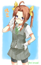 Rule 34 | 10s, 1girl, adjusting eyewear, ahoge, arai harumaki, bespectacled, bike shorts, bike shorts under skirt, brown hair, character name, glasses, gloves, hair ribbon, kagerou (kancolle), kantai collection, long hair, looking at viewer, multiple girls, personification, pleated skirt, purple eyes, red-framed eyewear, ribbon, short sleeves, shorts, shorts under skirt, skirt, solo, twintails, white gloves
