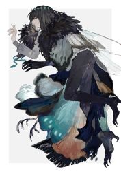 Rule 34 | 1boy, :|, alternate hair color, arthropod boy, artist name, black hair, black pants, blue eyes, bug, butterfly wings, cloak, closed mouth, collared shirt, crown, diamond hairband, expressionless, fate/grand order, fate (series), full body, fur-trimmed cloak, fur collar, fur trim, highres, insect wings, long sleeves, looking away, maggot, male focus, medium hair, multicolored wings, oberon (fate), oberon (third ascension) (fate), official alternate costume, pants, shirt, signature, solo, spoilers, surume (su1193), twitter username, two-tone background, white shirt, wings