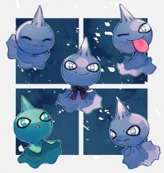 Rule 34 | alternate color, bow, bowtie, closed eyes, closed mouth, commentary request, creatures (company), game freak, gen 3 pokemon, green eyes, highres, nintendo, no humans, one eye closed, pokemon, pokemon (creature), purple bow, purple bowtie, purple eyes, shiny and normal, shiny pokemon, shuppet, smile, su (sajo su5), tongue, tongue out, yellow pupils