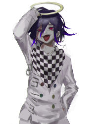 Rule 34 | 1boy, :d, absurdres, arm up, black hair, broken halo, buttons, checkered clothes, checkered scarf, commentary request, danganronpa (series), danganronpa v3: killing harmony, double-breasted, grey background, grey jacket, grey pants, halo, hand in pocket, highres, jacket, joh pierrot, long sleeves, male focus, open mouth, oma kokichi, pants, red eyes, scarf, simple background, smile, solo, teeth, tongue, tongue out, upper teeth only