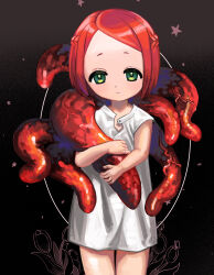Rule 34 | 1girl, absurdres, black background, bug, butterfly, cowboy shot, dress, expressionless, flower, forehead, green eyes, half up braid, highres, holding tentacle, insect, kinako marumaru, light blush, looking at viewer, original, popped collar, red eyes, red hair, short dress, short eyebrows, short hair, solo, standing, star (symbol), starry background, swept bangs, tentacles, tulip, white dress
