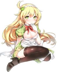Rule 34 | 1girl, apron, bad id, bad pixiv id, black thighhighs, blonde hair, blush, bow, bowtie, breasts, cleavage, cleavage cutout, clothing cutout, finger to mouth, gloves, green eyes, hairband, high heels, hoshii miki, idolmaster, idolmaster (classic), large breasts, legs, long hair, original, panties, puffy sleeves, shoes, sitting, solo, thighhighs, underwear, white gloves, white panties, yuran