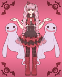 Rule 34 | 1girl, alternate costume, bat (animal), boots, bow, capelet, crown, dress, drill hair, female focus, full body, ghost, looking at viewer, one piece, perona, pink background, pink hair, poonosuke, red footwear, shoes, short cape, smile, solo, standing, twintails, watch, wristwatch