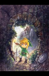 Rule 34 | 1boy, arch, belt, black eyes, blonde hair, boots, bridge, fairy, fundoshi (tofupoid), hat, lamp, letterboxed, link, male focus, mountain, nature, navi, nintendo, oil lamp, open mouth, plant, pointy ears, short hair, solo, the legend of zelda, the legend of zelda: phantom hourglass, the legend of zelda: the wind waker, tunic, vines, water, waterfall, wind