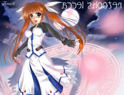 Rule 34 | 00s, 1girl, amicis, artist name, brown hair, dress, fingerless gloves, gloves, long hair, lyrical nanoha, magic circle, magical girl, mahou shoujo lyrical nanoha, mahou shoujo lyrical nanoha strikers, moon, night, night sky, no jacket, purple eyes, red hair, shoes, sky, solo, takamachi nanoha, takamachi nanoha (exceed mode), twintails, winged footwear, wings