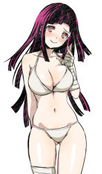 Rule 34 | 1girl, bandaged arm, bandages, bikini, black hair, blush, breasts, cleavage, collarbone, commentary request, cowboy shot, danganronpa (series), danganronpa 2: goodbye despair, danganronpa s: ultimate summer camp, dosugon, gluteal fold, grey background, hand up, head tilt, large breasts, long hair, looking at viewer, mole, mole under eye, multicolored hair, navel, pink hair, simple background, smile, solo, swimsuit, tsumiki mikan, two-tone hair, white background