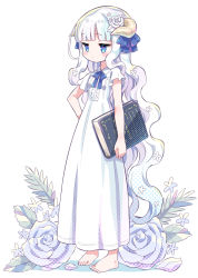 Rule 34 | 1girl, amimi, aqua eyes, arm behind back, barefoot, blue bow, blue bowtie, blunt bangs, book, bow, bowtie, child, closed mouth, dot mouth, dress, facing to the side, flower, frilled sleeves, frills, hair bow, hair flower, hair ornament, halftone, highres, holding, holding book, horns, leaf, light blush, long dress, looking ahead, original, rose, short sleeves, simple background, solo, standing, toes, wavy hair, white background, white dress, white flower, white hair, white rose