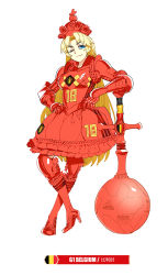 Rule 34 | 1girl, 2018 fifa world cup, adidas, aged up, armor, armored boots, armored dress, belgian flag, belgium, blue eyes, boots, breastplate, breasts, crossed legs, crown, dress, full body, gauntlets, hair intakes, high heels, leaning on weapon, long hair, looking at viewer, mace, medium breasts, one eye closed, red dress, simple background, smirk, soccer, solo, standing, thick eyebrows, weapon, white background, world cup, yu yanshu